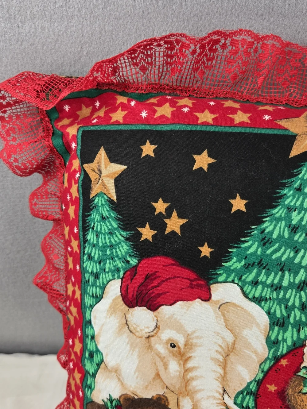 Vintage Handmade Noah's Ark Christmas Throw Pillow Red Lace Ruffle
